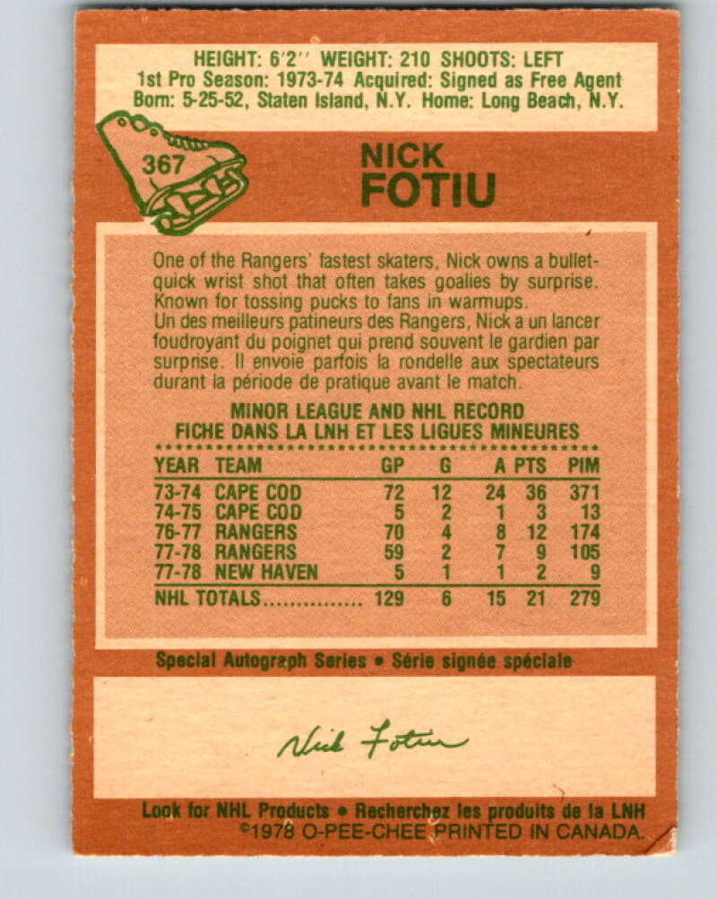 1978-79 O-Pee-Chee #367 Nick Fotiu  New York Rangers  V26114