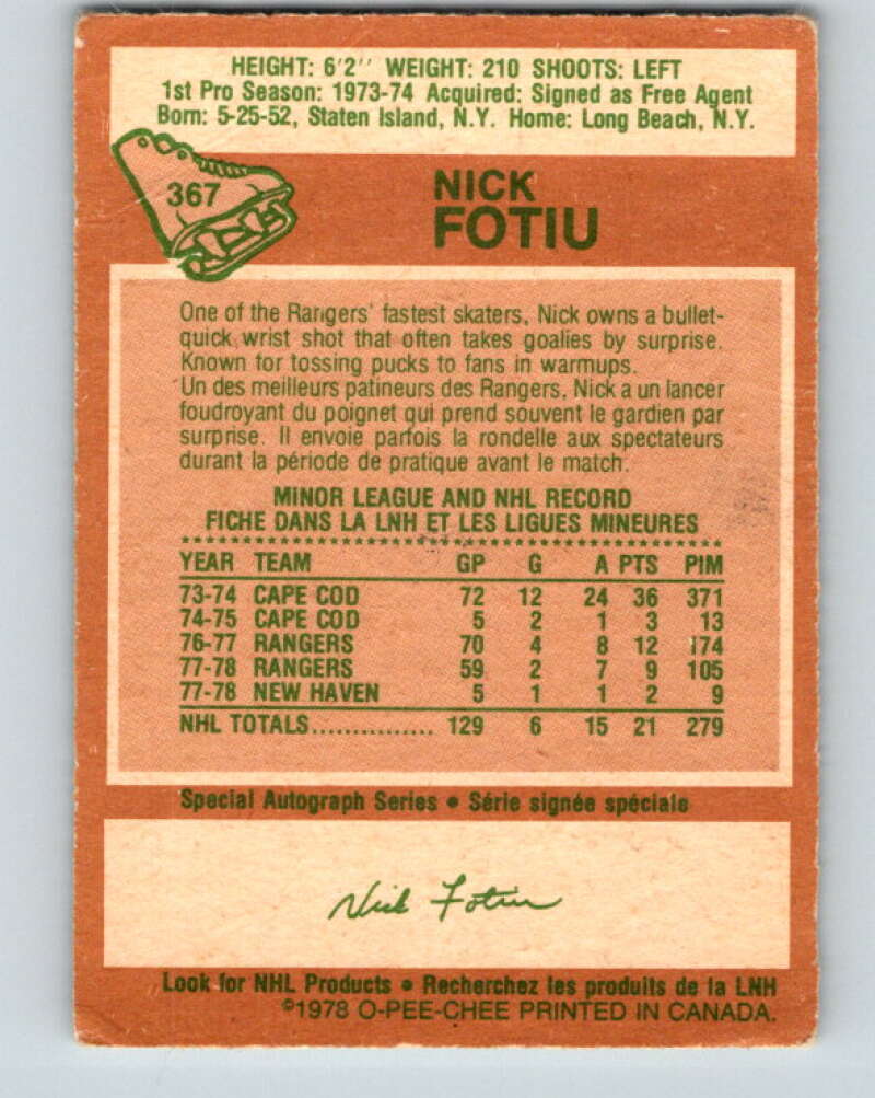 1978-79 O-Pee-Chee #367 Nick Fotiu  New York Rangers  V26117