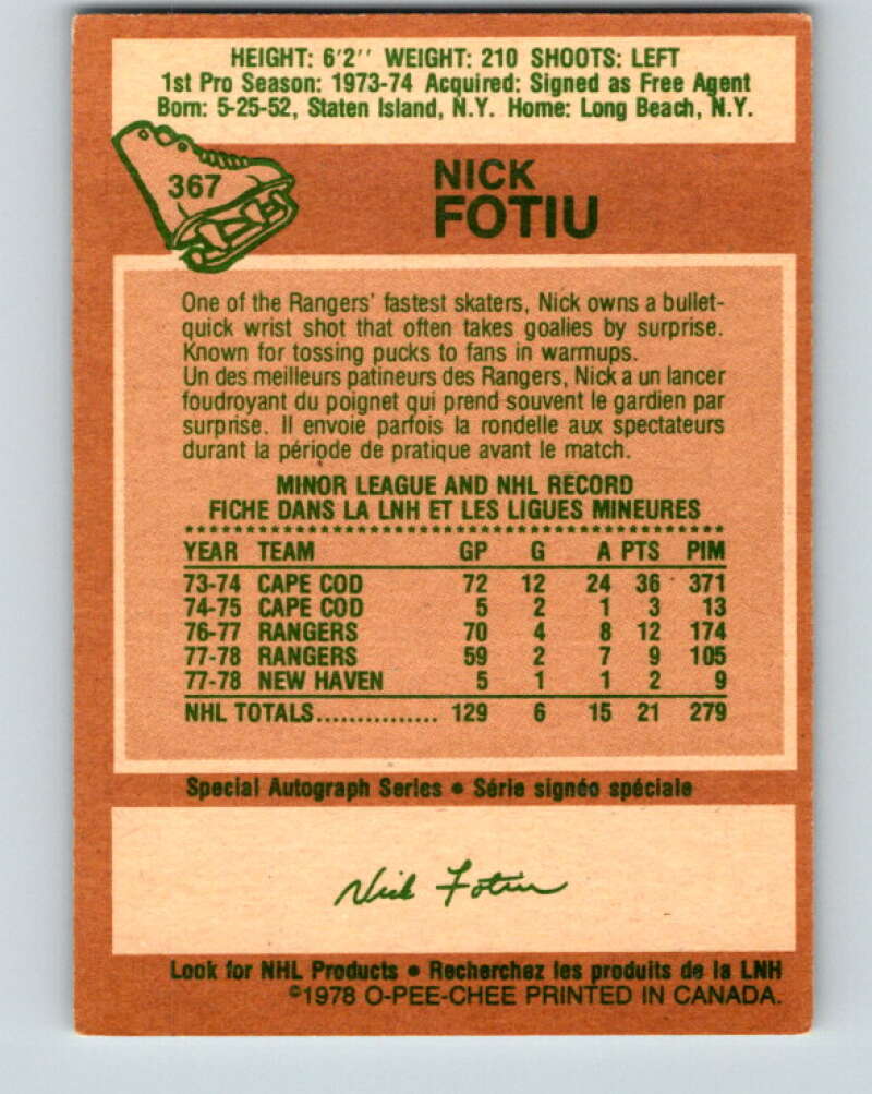 1978-79 O-Pee-Chee #367 Nick Fotiu  New York Rangers  V26118