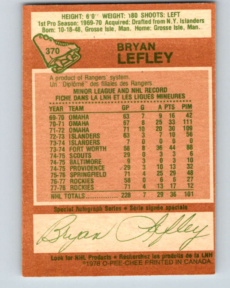 1978-79 O-Pee-Chee #370 Bryan Lefley  Colorado Rockies  V26147