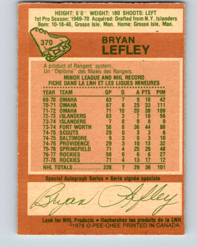 1978-79 O-Pee-Chee #370 Bryan Lefley  Colorado Rockies  V26152