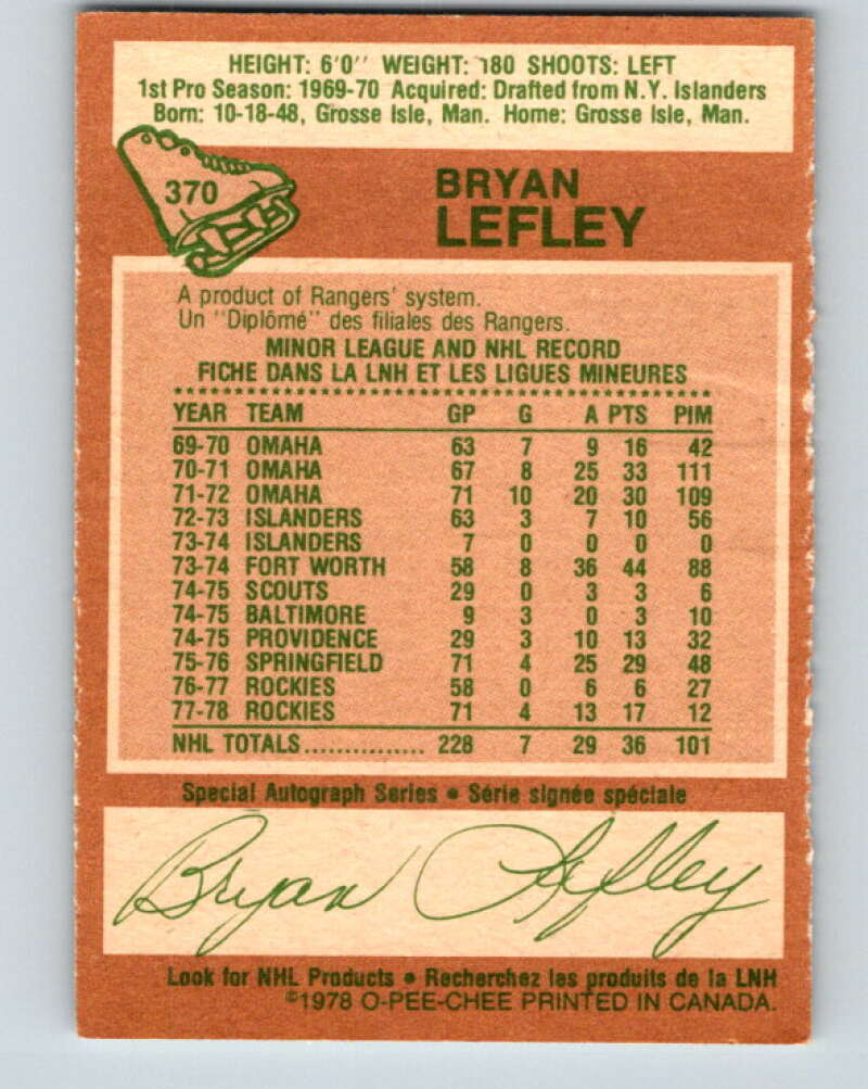 1978-79 O-Pee-Chee #370 Bryan Lefley  Colorado Rockies  V26153
