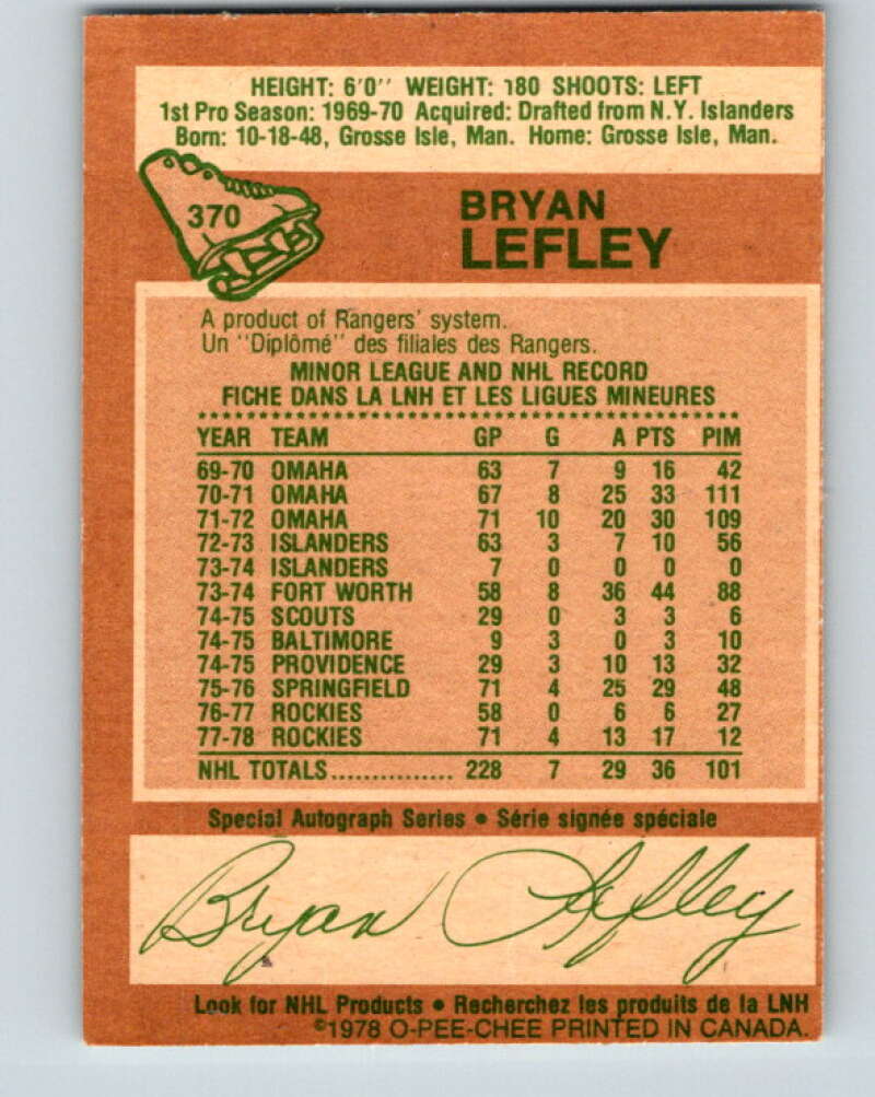 1978-79 O-Pee-Chee #370 Bryan Lefley  Colorado Rockies  V26154