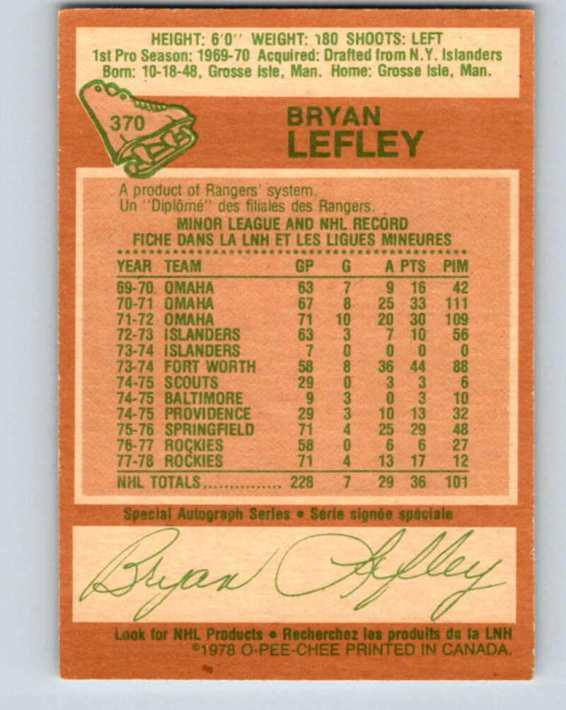1978-79 O-Pee-Chee #370 Bryan Lefley  Colorado Rockies  V26155
