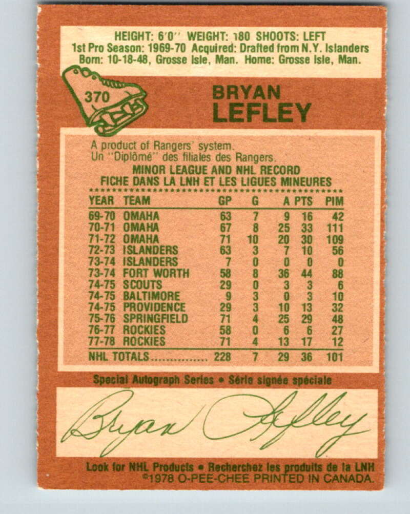 1978-79 O-Pee-Chee #370 Bryan Lefley  Colorado Rockies  V26160