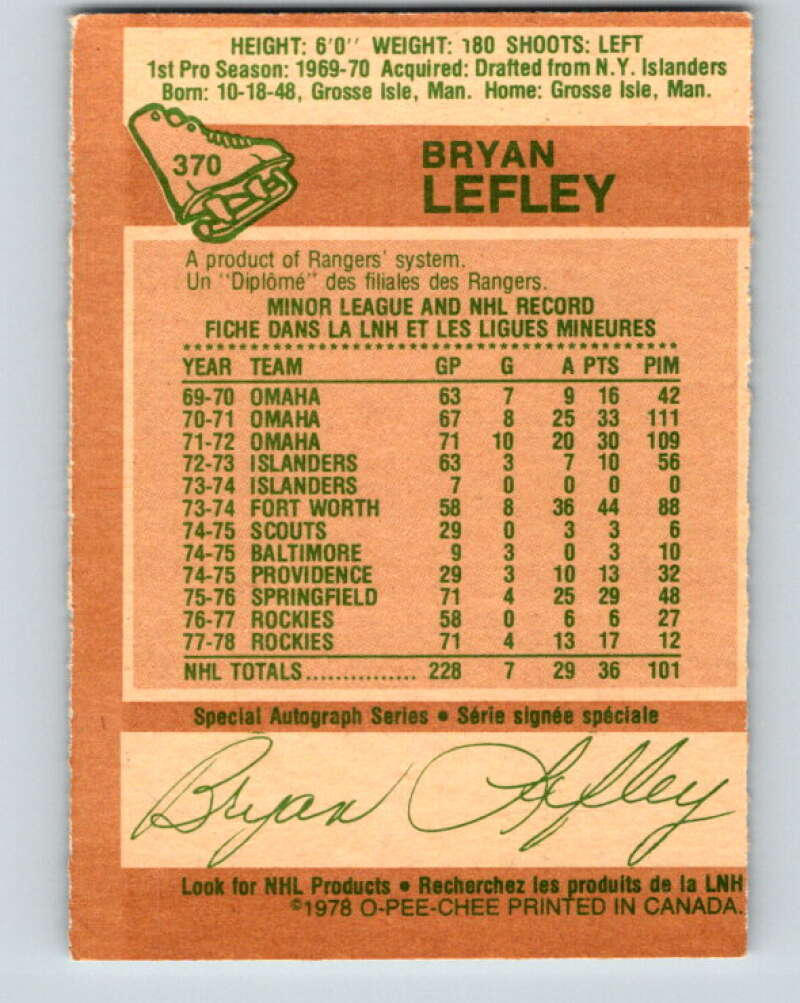 1978-79 O-Pee-Chee #370 Bryan Lefley  Colorado Rockies  V26162