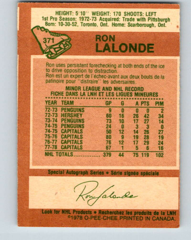 1978-79 O-Pee-Chee #371 Ron Lalonde  Washington Capitals  V26168