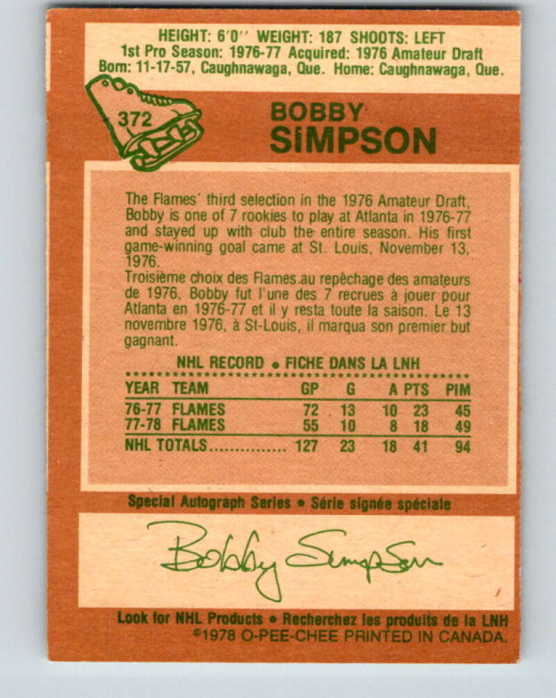 1978-79 O-Pee-Chee #372 Bobby Simpson  Atlanta Flames  V26180