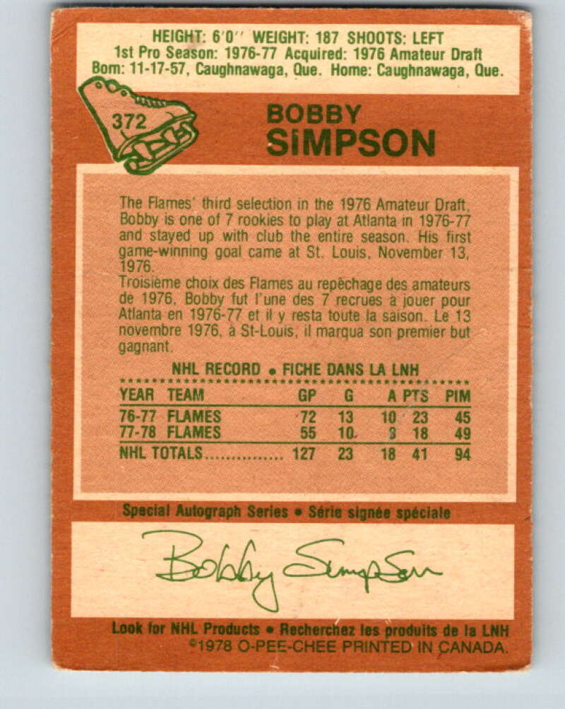 1978-79 O-Pee-Chee #372 Bobby Simpson  Atlanta Flames  V26181