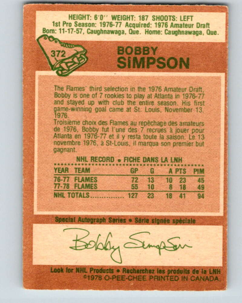 1978-79 O-Pee-Chee #372 Bobby Simpson  Atlanta Flames  V26182