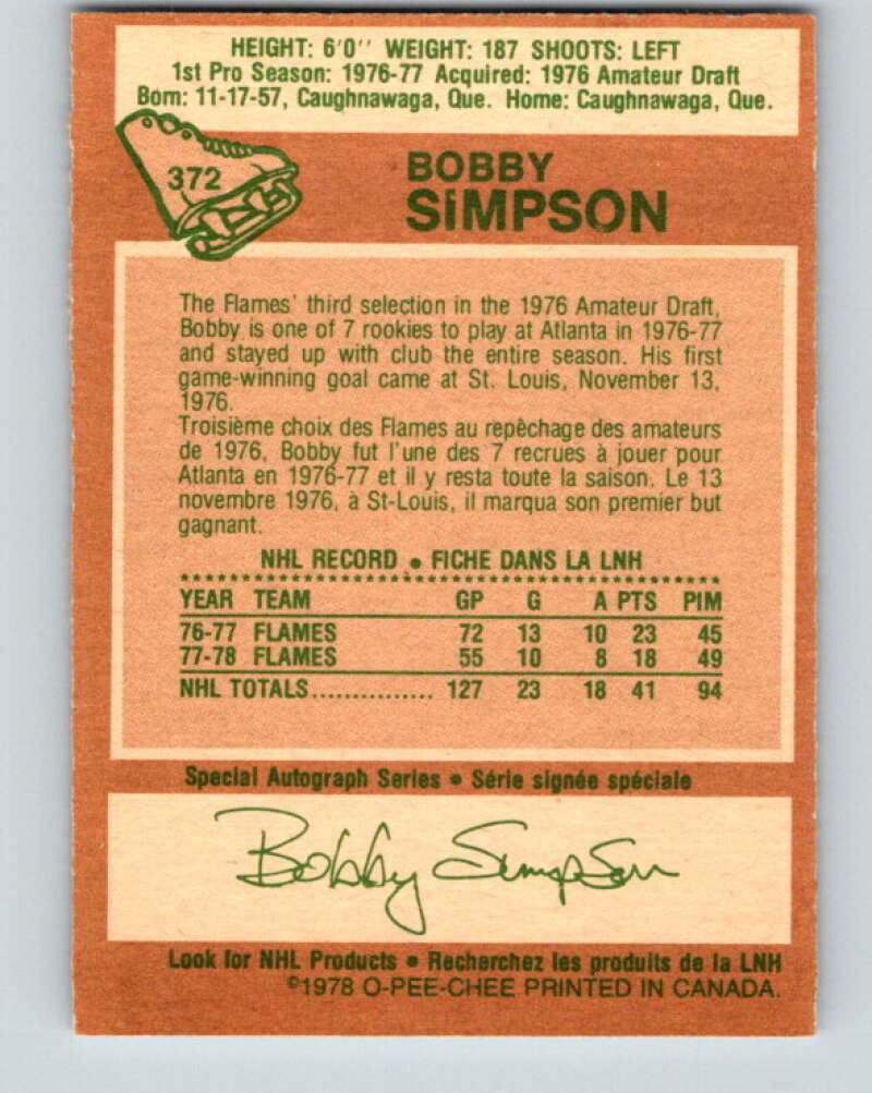 1978-79 O-Pee-Chee #372 Bobby Simpson  Atlanta Flames  V26183