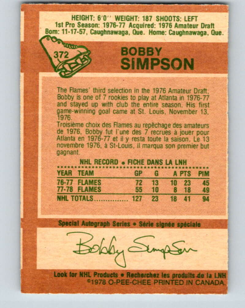 1978-79 O-Pee-Chee #372 Bobby Simpson  Atlanta Flames  V26185