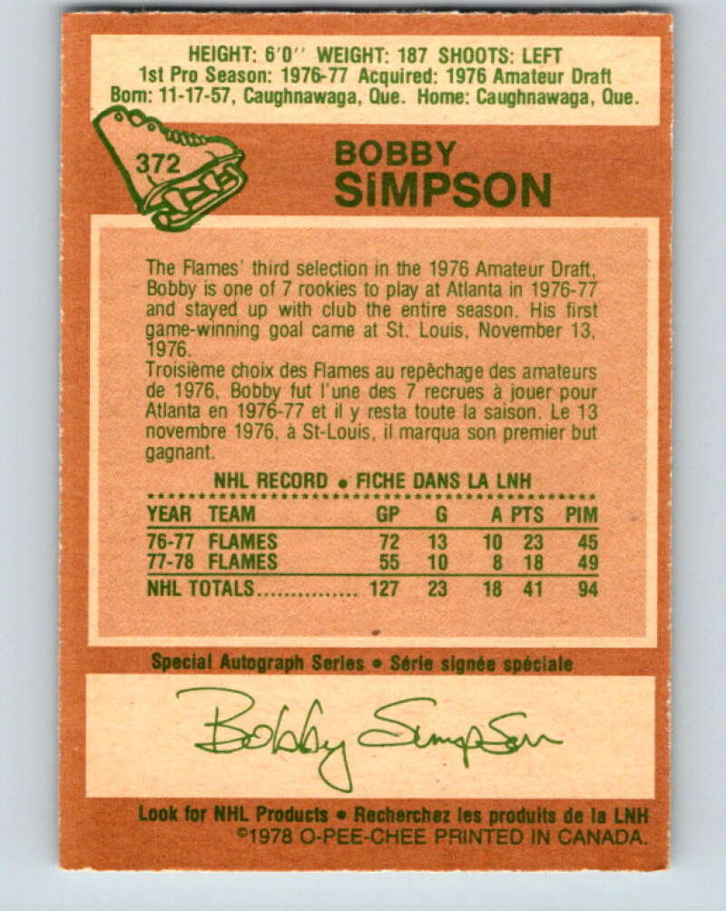 1978-79 O-Pee-Chee #372 Bobby Simpson  Atlanta Flames  V26188