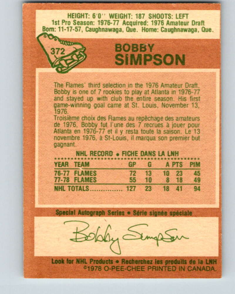 1978-79 O-Pee-Chee #372 Bobby Simpson  Atlanta Flames  V26189
