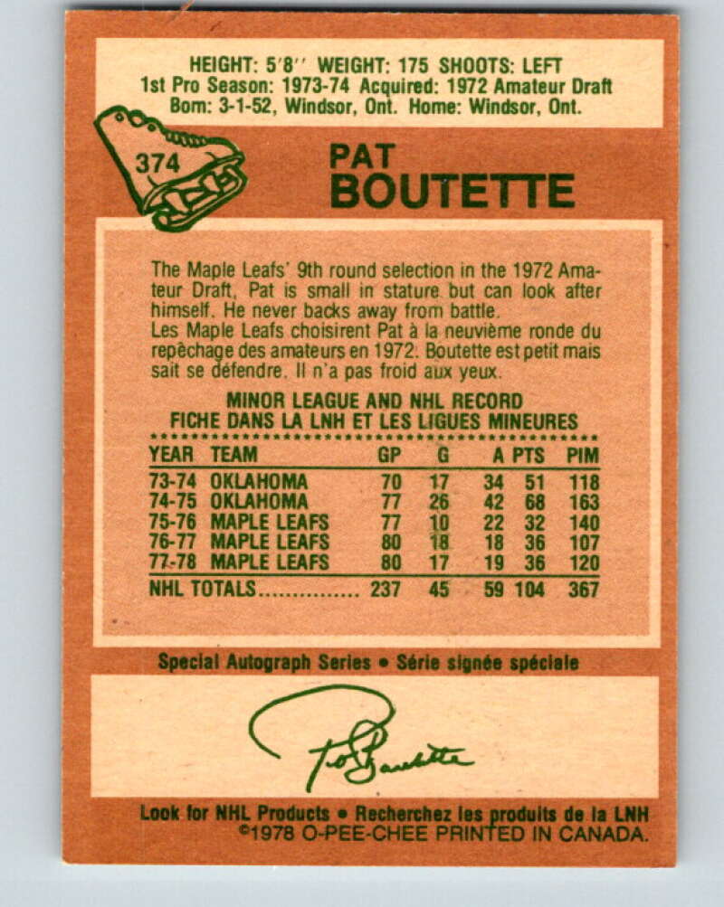 1978-79 O-Pee-Chee #374 Pat Boutette Maple Leafs  V26202