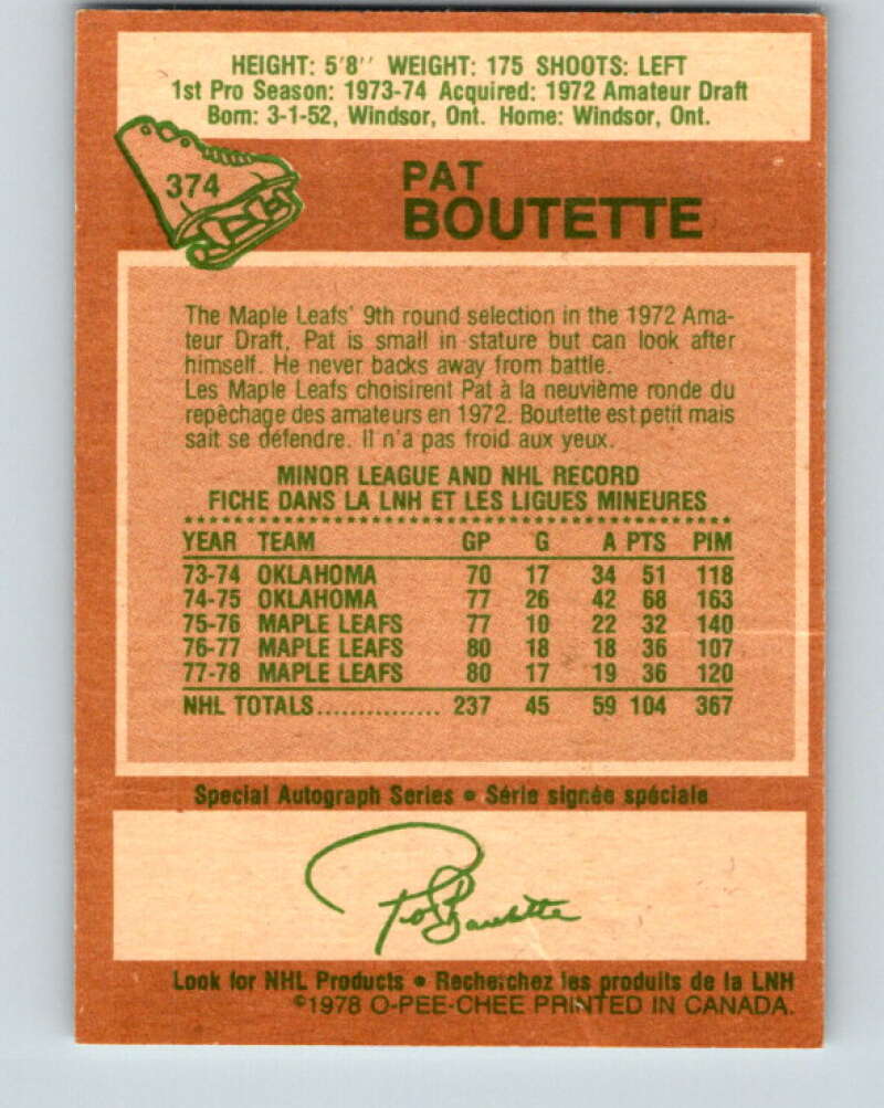 1978-79 O-Pee-Chee #374 Pat Boutette Maple Leafs  V26203
