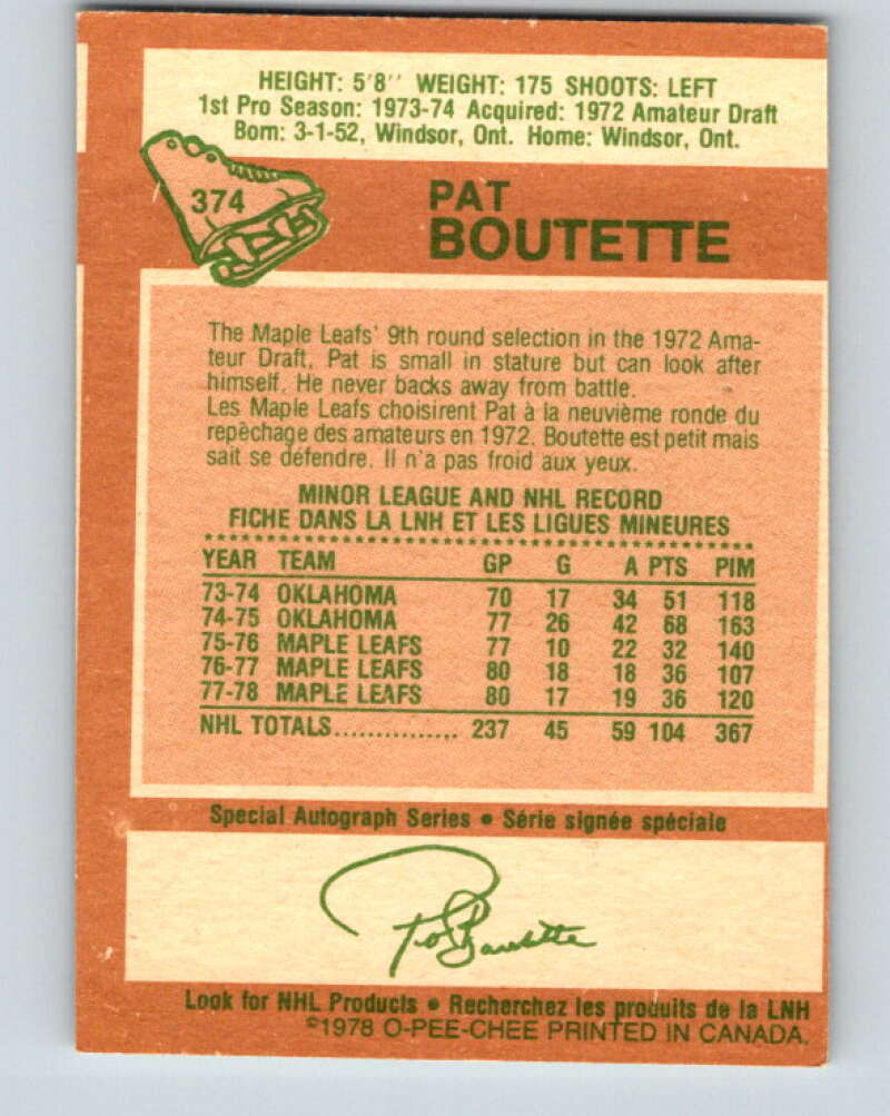 1978-79 O-Pee-Chee #374 Pat Boutette Maple Leafs  V26205