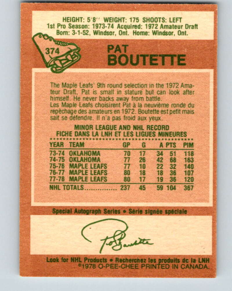 1978-79 O-Pee-Chee #374 Pat Boutette Maple Leafs  V26210