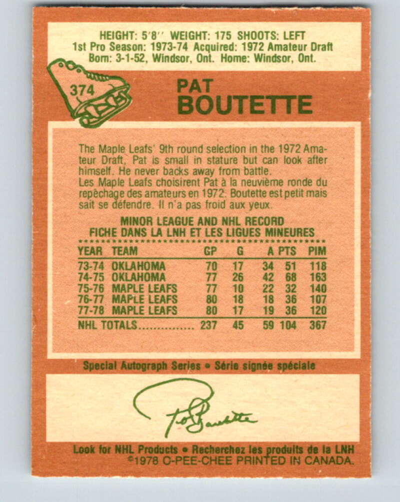 1978-79 O-Pee-Chee #374 Pat Boutette Maple Leafs  V26211