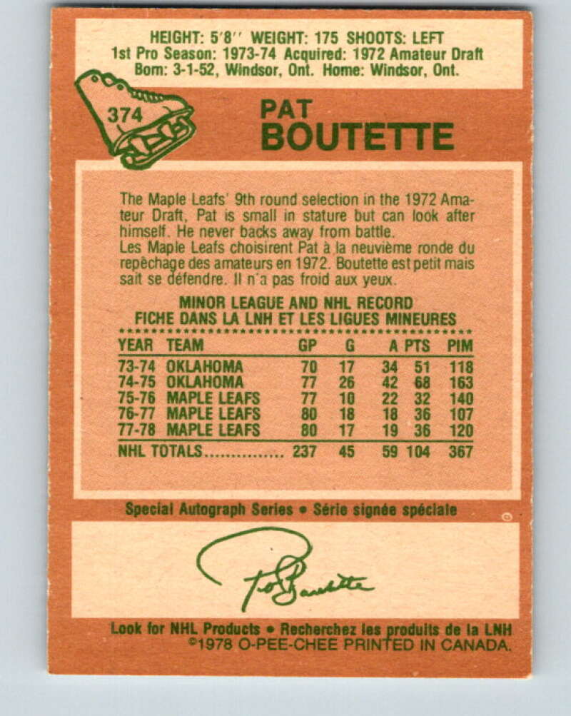 1978-79 O-Pee-Chee #374 Pat Boutette Maple Leafs  V26213