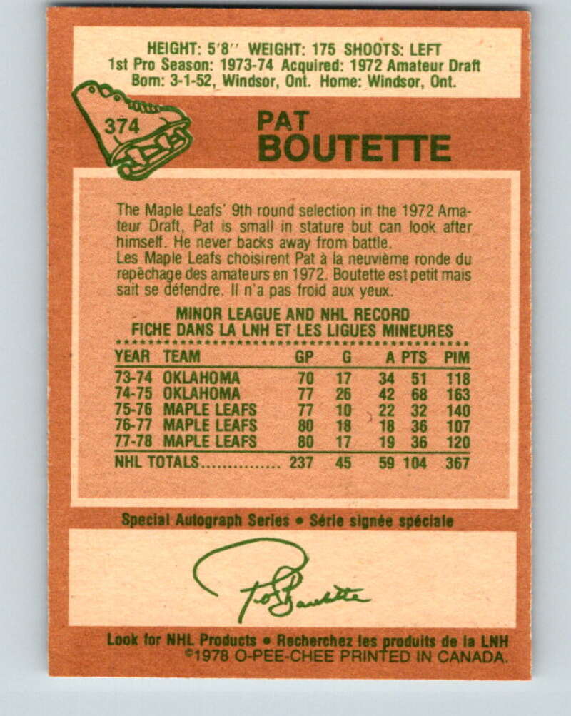 1978-79 O-Pee-Chee #374 Pat Boutette Maple Leafs  V26216