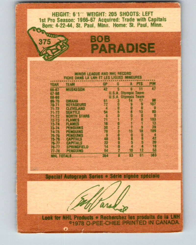 1978-79 O-Pee-Chee #375 Bob Paradise  Pittsburgh Penguins  V26227