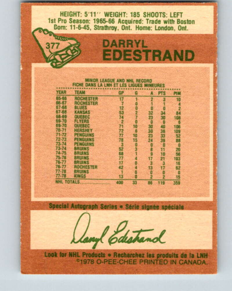 1978-79 O-Pee-Chee #377 Darryl Edestrand  Los Angeles Kings  V26238