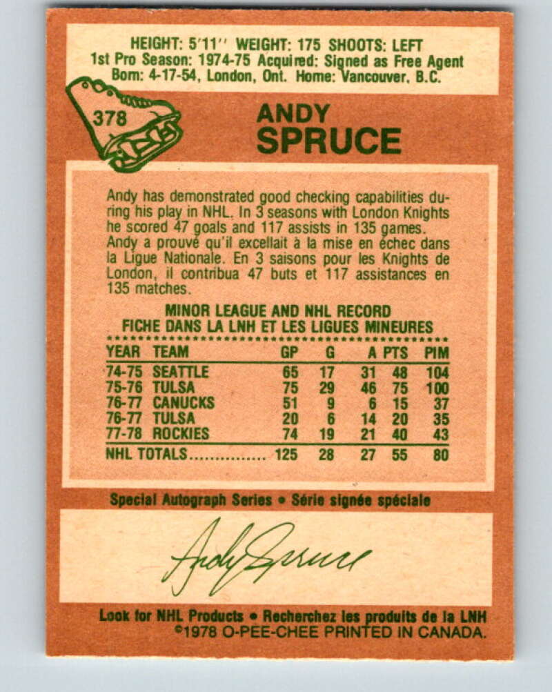 1978-79 O-Pee-Chee #378 Andy Spruce RC Rookie Rockies  V26253