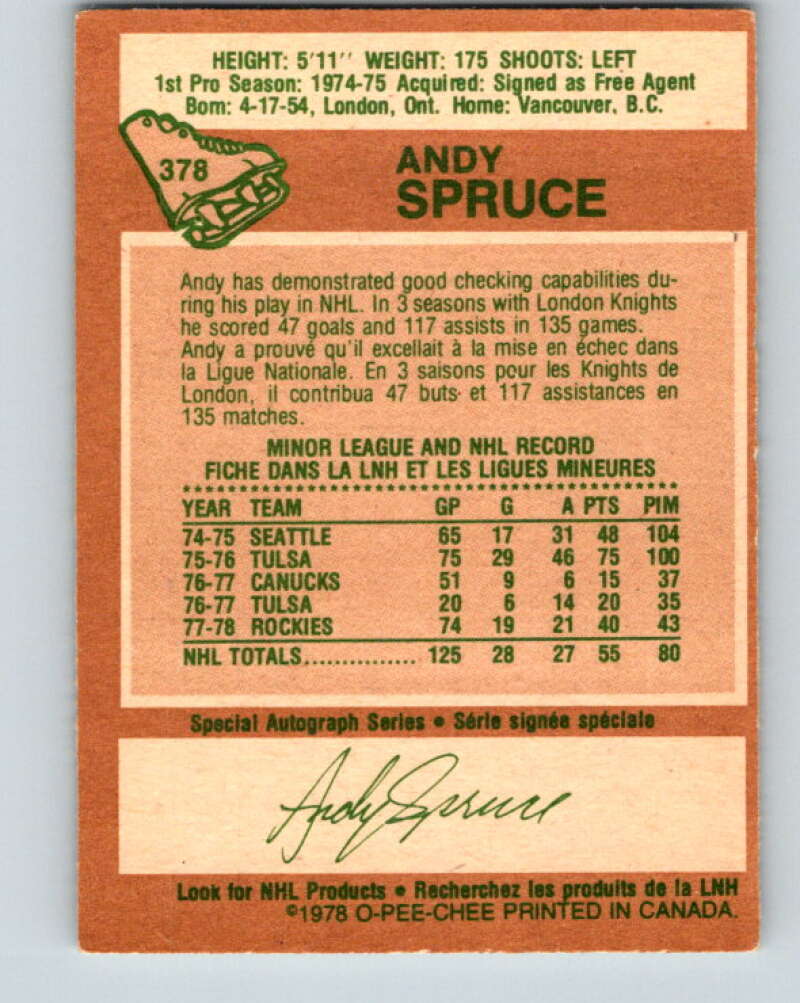 1978-79 O-Pee-Chee #378 Andy Spruce RC Rookie Rockies  V26254