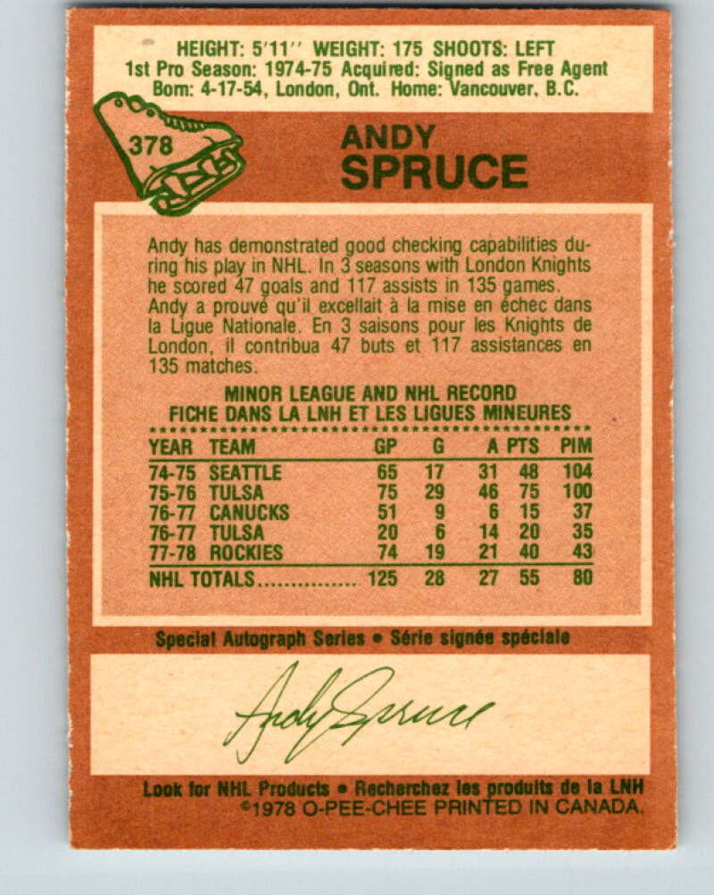 1978-79 O-Pee-Chee #378 Andy Spruce RC Rookie Rockies  V26257
