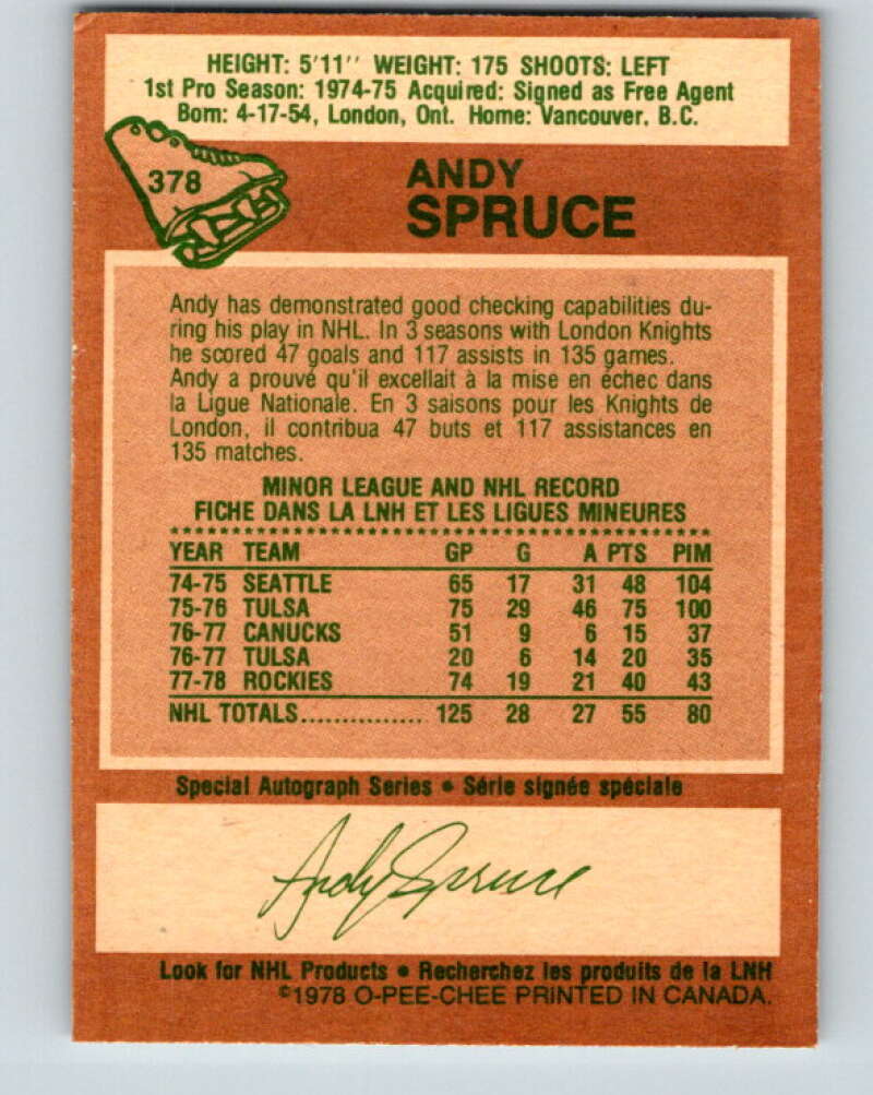 1978-79 O-Pee-Chee #378 Andy Spruce RC Rookie Rockies  V26259