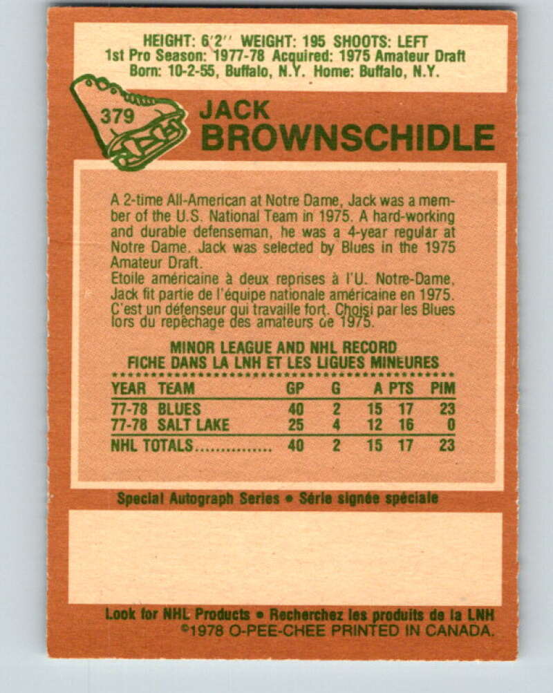 1978-79 O-Pee-Chee #379 Jack Brownschidle RC Rookie Blues  V26262