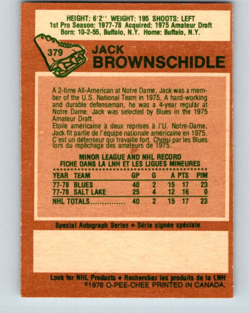 1978-79 O-Pee-Chee #379 Jack Brownschidle RC Rookie Blues  V26266