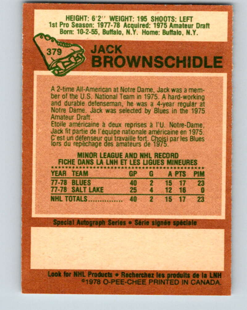 1978-79 O-Pee-Chee #379 Jack Brownschidle RC Rookie Blues  V26274
