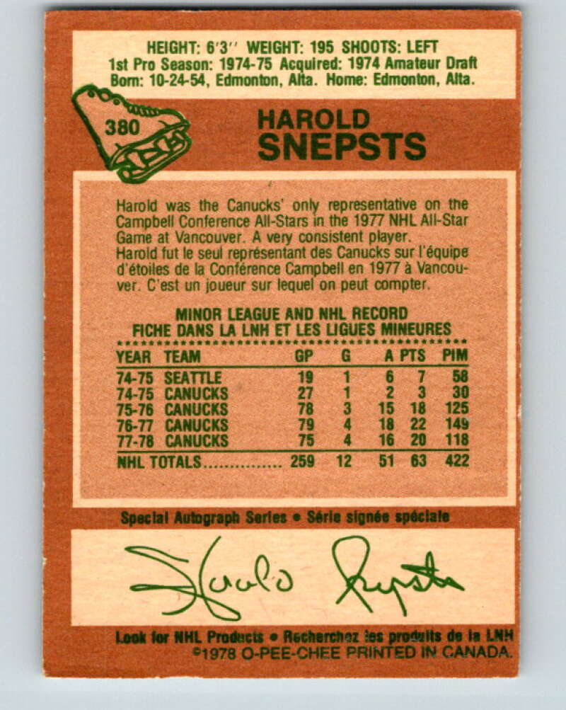 1978-79 O-Pee-Chee #380 Harold Snepsts  Vancouver Canucks  V26277