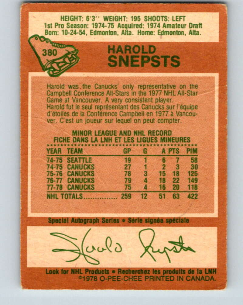 1978-79 O-Pee-Chee #380 Harold Snepsts  Vancouver Canucks  V26284