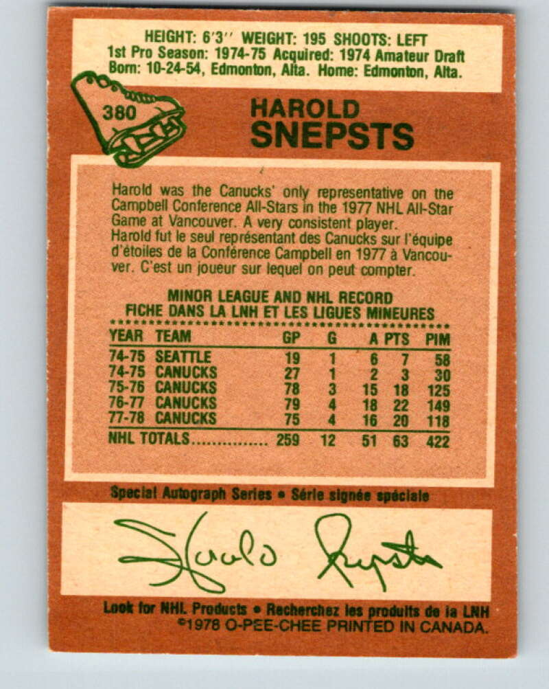 1978-79 O-Pee-Chee #380 Harold Snepsts  Vancouver Canucks  V26287