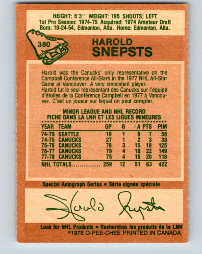 1978-79 O-Pee-Chee #380 Harold Snepsts  Vancouver Canucks  V26288