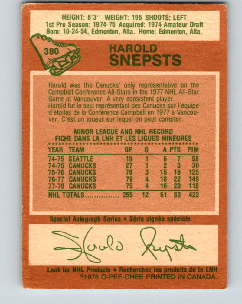 1978-79 O-Pee-Chee #380 Harold Snepsts  Vancouver Canucks  V26289