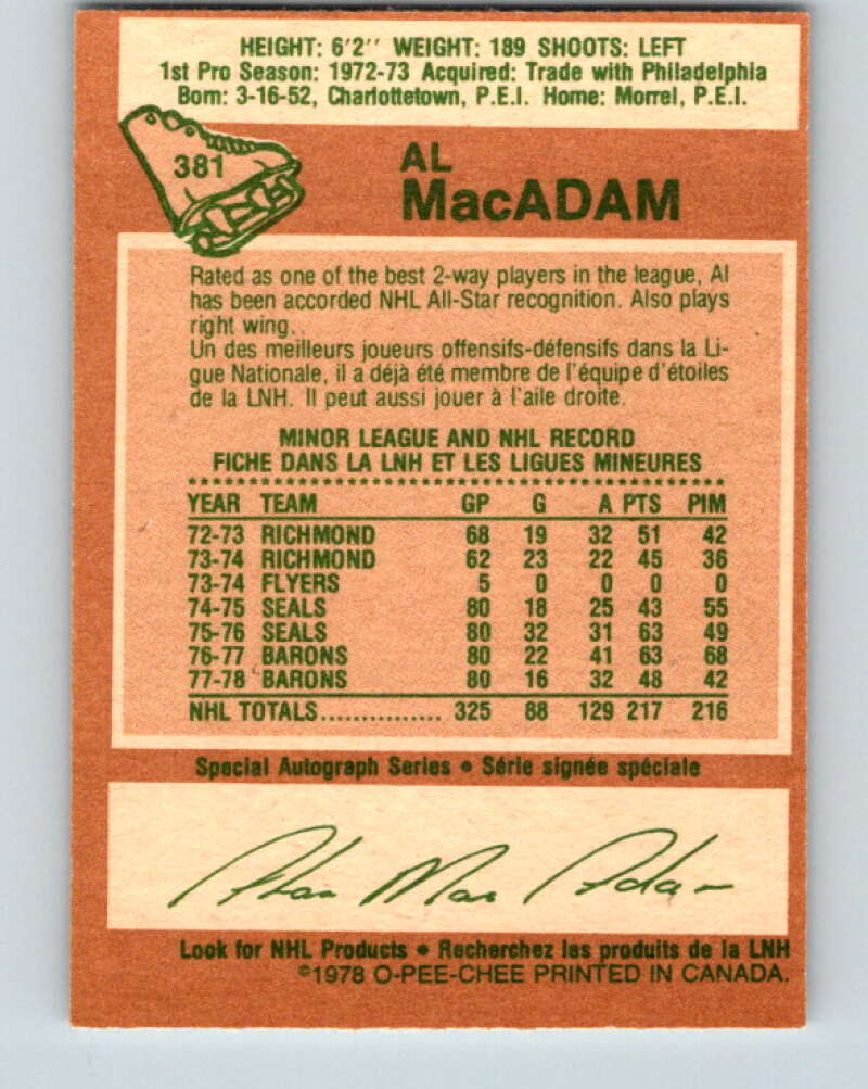 1978-79 O-Pee-Chee #381 Al MacAdam North Stars  V26290