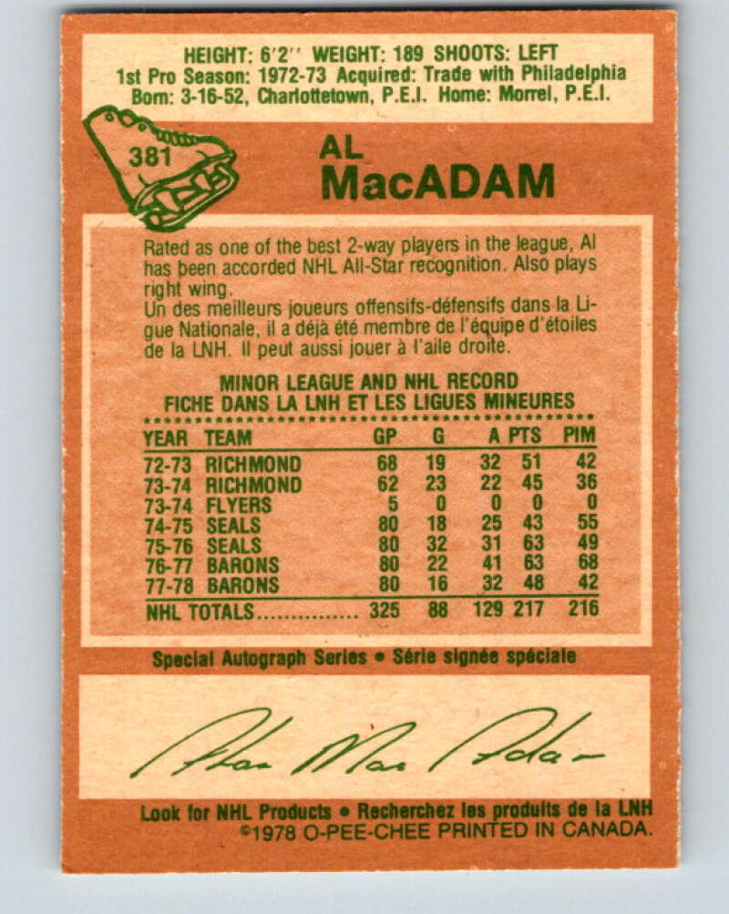 1978-79 O-Pee-Chee #381 Al MacAdam North Stars  V26291