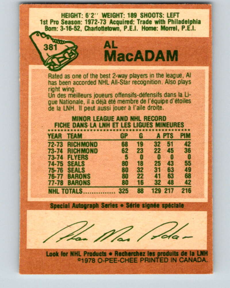 1978-79 O-Pee-Chee #381 Al MacAdam North Stars  V26296