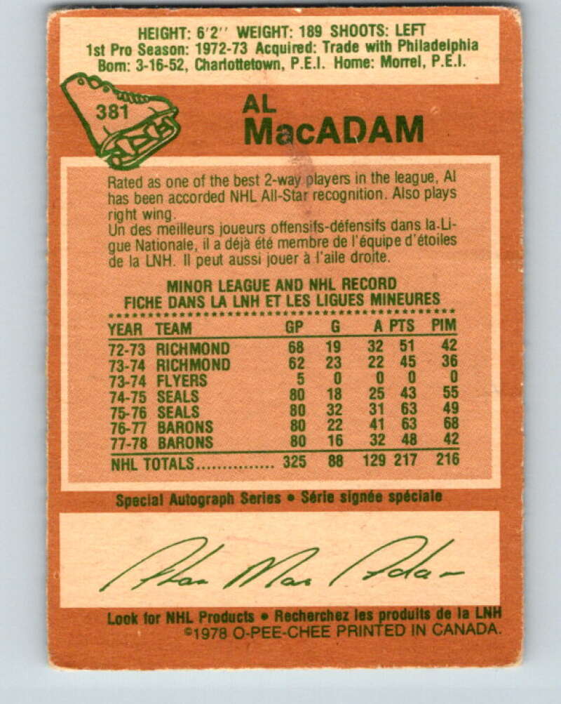 1978-79 O-Pee-Chee #381 Al MacAdam North Stars  V26297