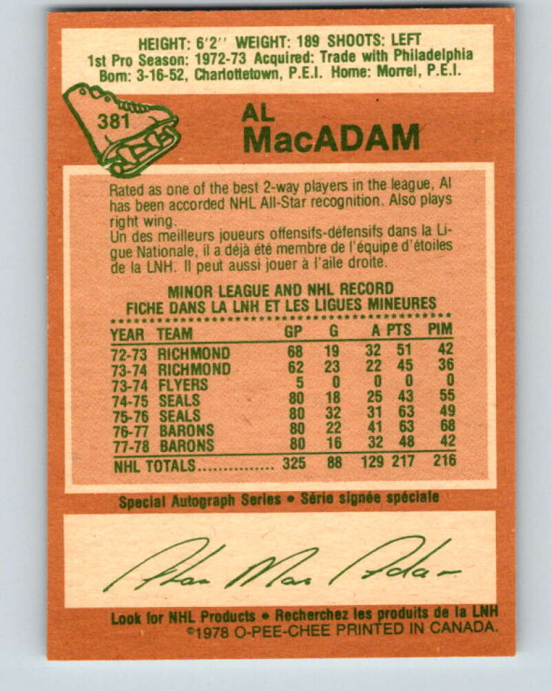 1978-79 O-Pee-Chee #381 Al MacAdam North Stars  V26305