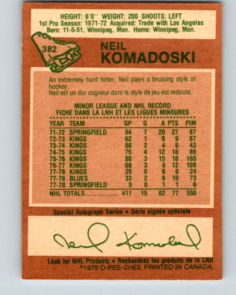 1978-79 O-Pee-Chee #382 Neil Komadoski  St. Louis Blues  V26316