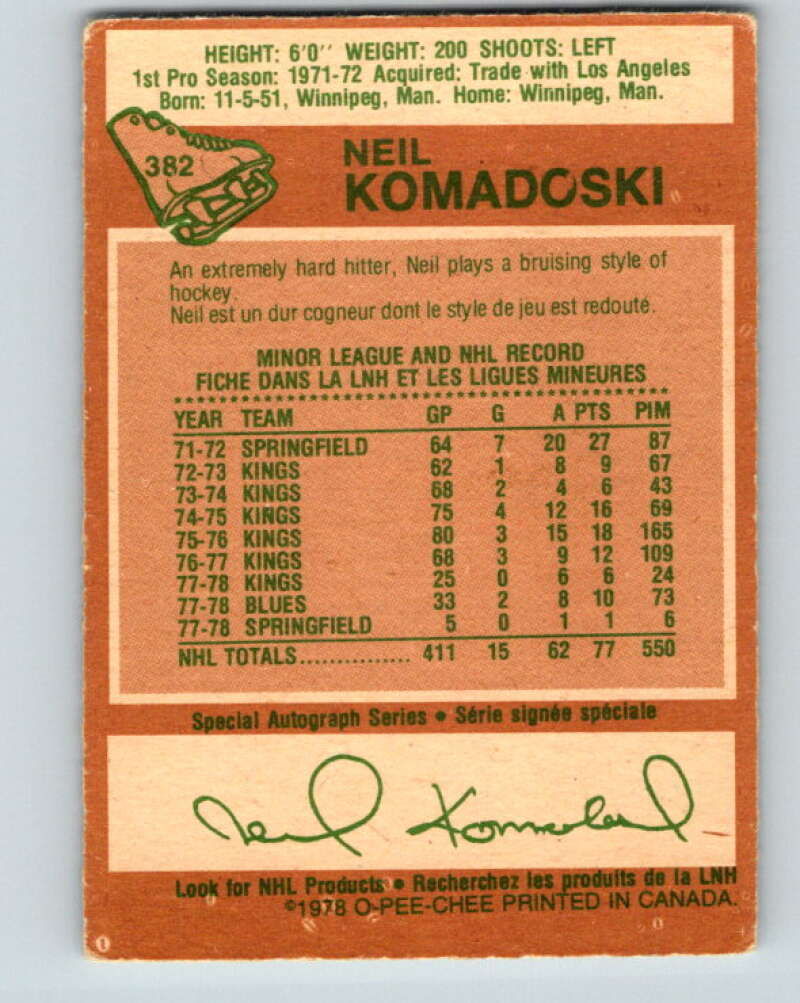 1978-79 O-Pee-Chee #382 Neil Komadoski  St. Louis Blues  V26321