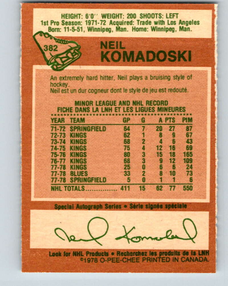 1978-79 O-Pee-Chee #382 Neil Komadoski  St. Louis Blues  V26326