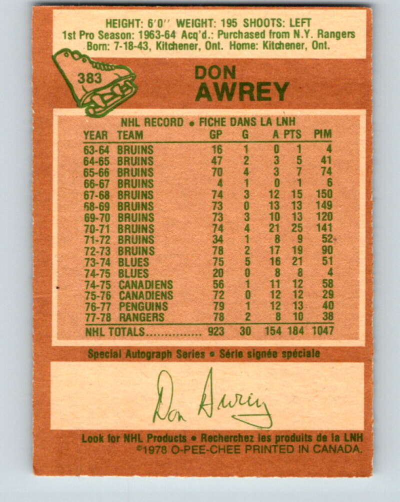 1978-79 O-Pee-Chee #383 Don Awrey  Colorado Rockies  V26330