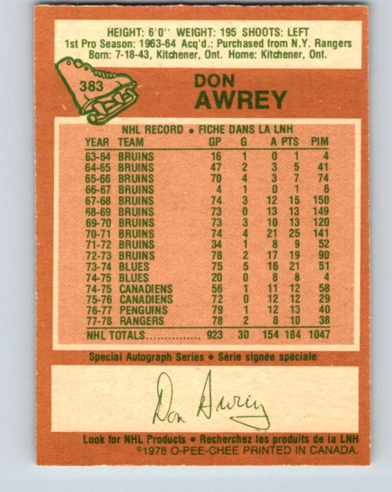 1978-79 O-Pee-Chee #383 Don Awrey  Colorado Rockies  V26331
