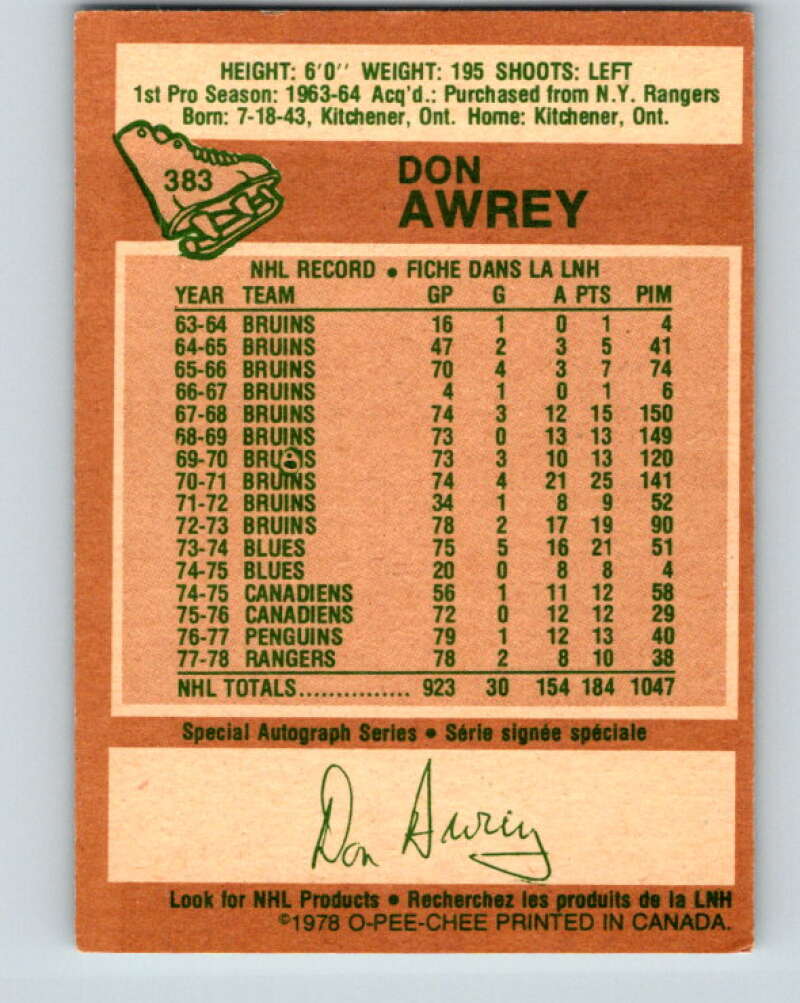 1978-79 O-Pee-Chee #383 Don Awrey  Colorado Rockies  V26333